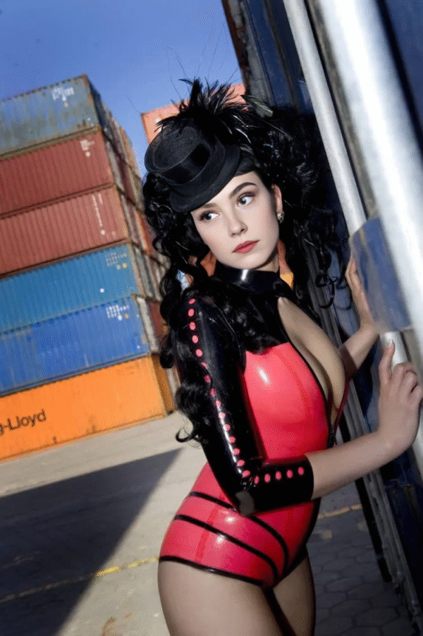 Devil-Inspired Latex Bodysuit – Magenta & Black, 3-Way Zipper