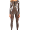 Open-Back Latex Catsuit with Front Zipper – Metallic Platinum Finish