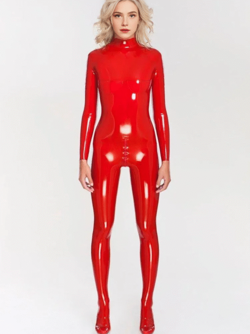 Red Latex Catsuit with Molded Cups & Closed Feet – Double-Slider Zipper Design