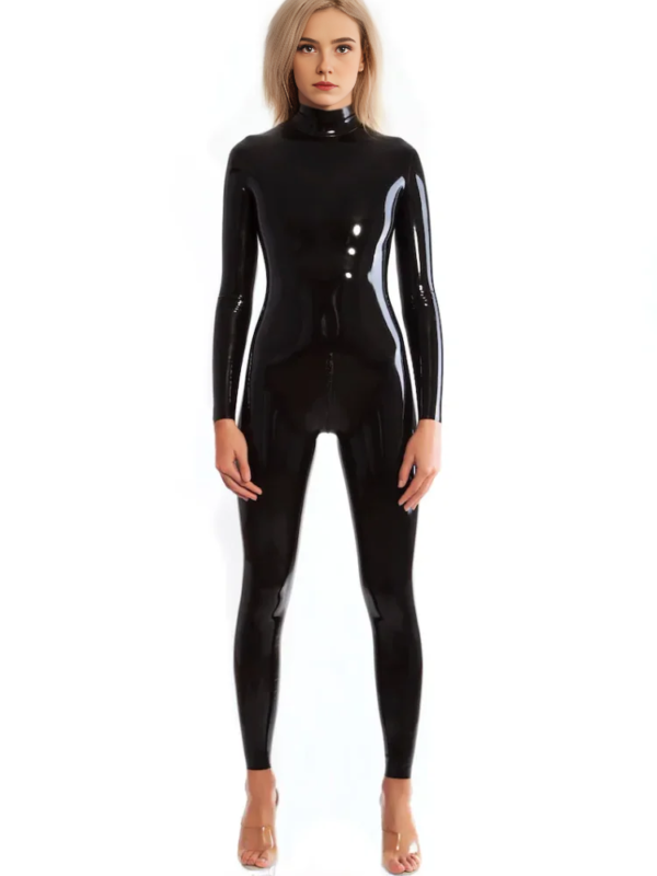 Black Latex Neck Entry Catsuit – Double Crotch Zipper
