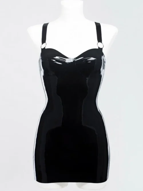 Black Latex Mini Dress with Molded Cups and Metal Ring Details