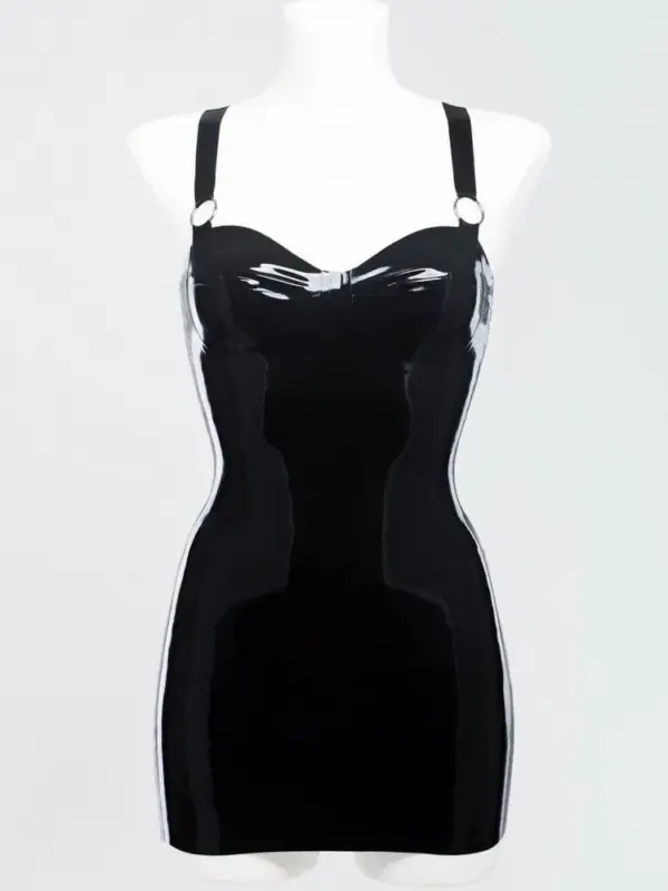 Black Latex Mini Dress with Molded Cups and Metal Ring Details