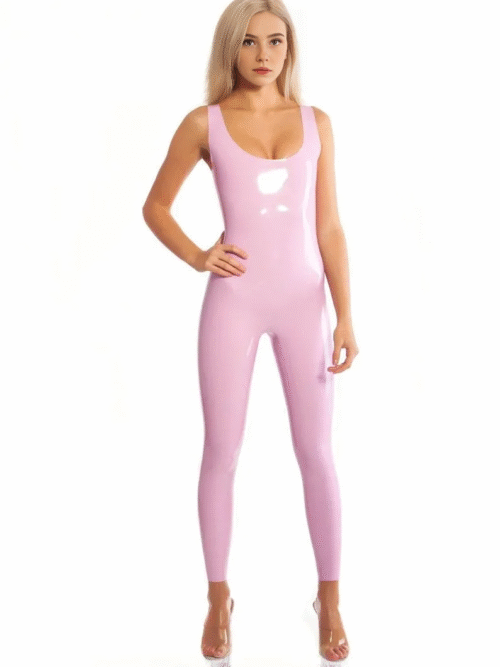 Violet Latex Sleeveless Catsuit – Zipperless One-Piece Bodysuit