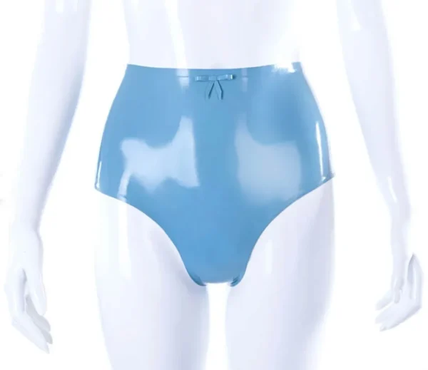 Sue Classic Latex Knickers with Front Bow – Light Blue High-Waist Design