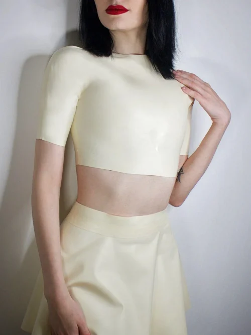 White Latex Short Sleeve Crop Top