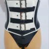 Luxe Black and White Latex Corset with Lace-Up Back and Stainless Steel Buckles
