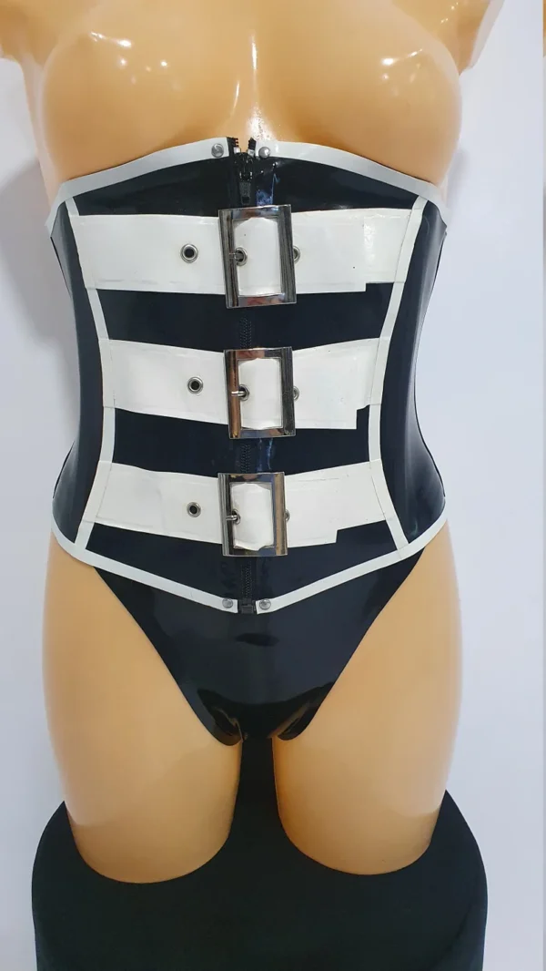 Luxe Black and White Latex Corset with Lace-Up Back and Stainless Steel Buckles