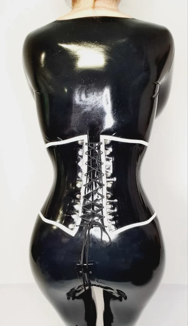 Luxe Black and White Latex Corset with Lace-Up Back and Stainless Steel Buckles