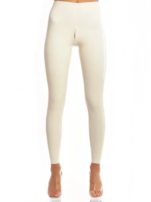 White Latex Leggings with Double Slider Crotch Zipper