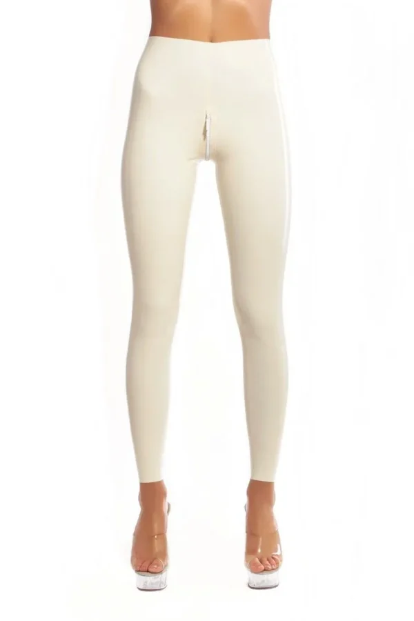 White Latex Leggings with Double Slider Crotch Zipper