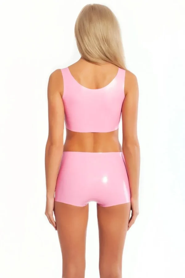 Pink Latex Top and Shorts Set – High-Gloss, Form-Fitting Design with Front Seams, Premium Rubber