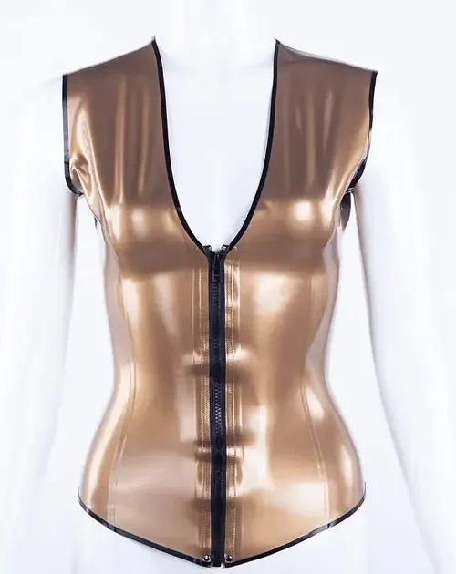 Latex Top with Deep V Cleavage and Front Zipper in Antique Gold