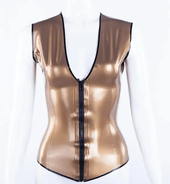Latex Top with Deep V Cleavage and Front Zipper in Antique Gold