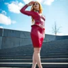 Military-Inspired Plum Latex Jacket with Decorative Buttons and Gold Trim