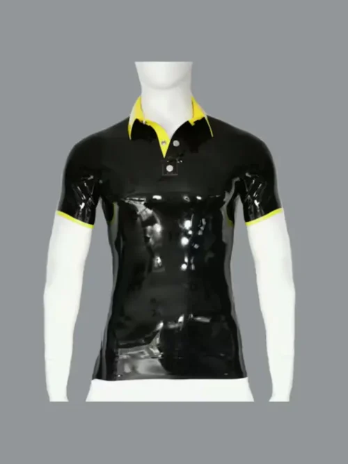 Latex Contrast Polo Shirt with Stud Collar – Short Sleeve Slim Fit Latex Tee