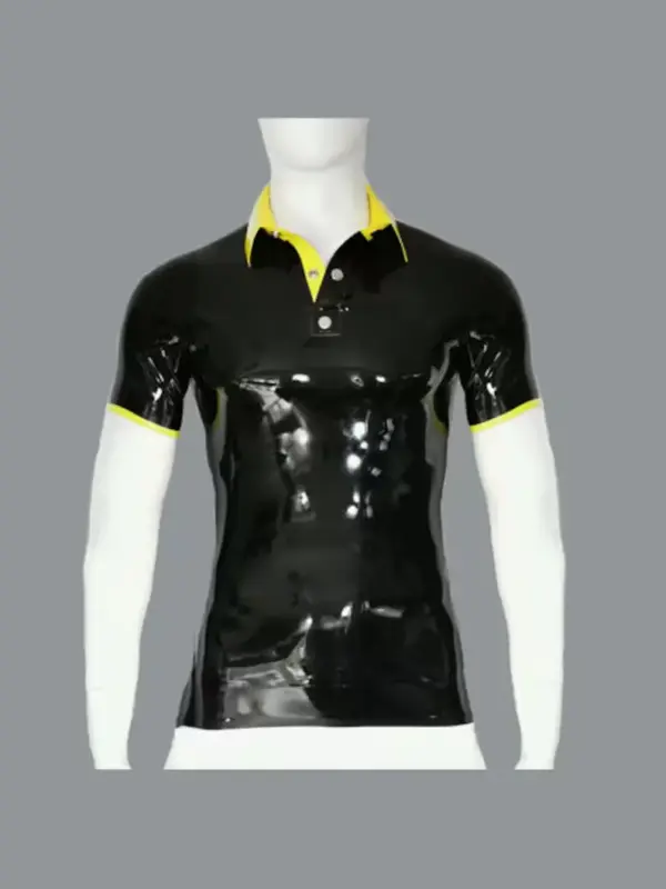 Latex Contrast Polo Shirt with Stud Collar – Short Sleeve Slim Fit Latex Tee