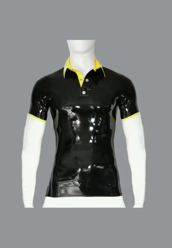 Latex Contrast Polo Shirt with Stud Collar – Short Sleeve Slim Fit Latex Tee