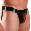 Striped Latex Jockstrap with Front Zip – Black with Red Racing Stripes