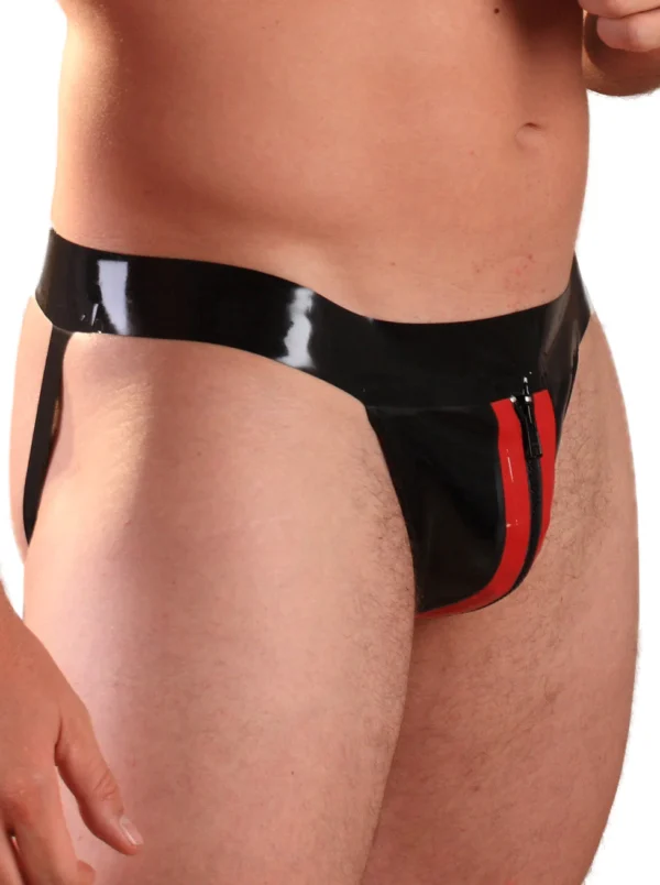 Striped Latex Jockstrap with Front Zip – Black with Red Racing Stripes