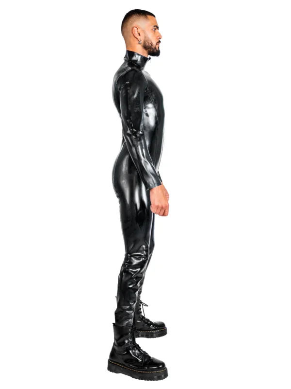 Sleek Paneled Latex Catsuit with High Neck and Full-Length Zip