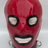 Latex Hood with Black Trim and Open Eyes & Mouth – Red Gimp Mask with D-Ring Collar