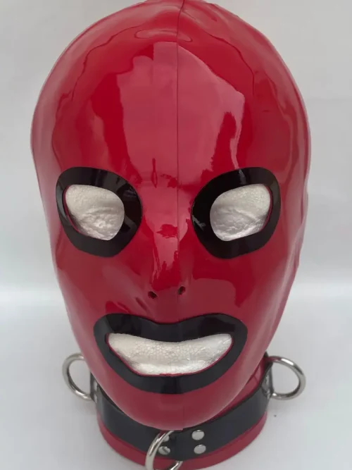 Latex Hood with Black Trim and Open Eyes & Mouth – Red Gimp Mask with D-Ring Collar