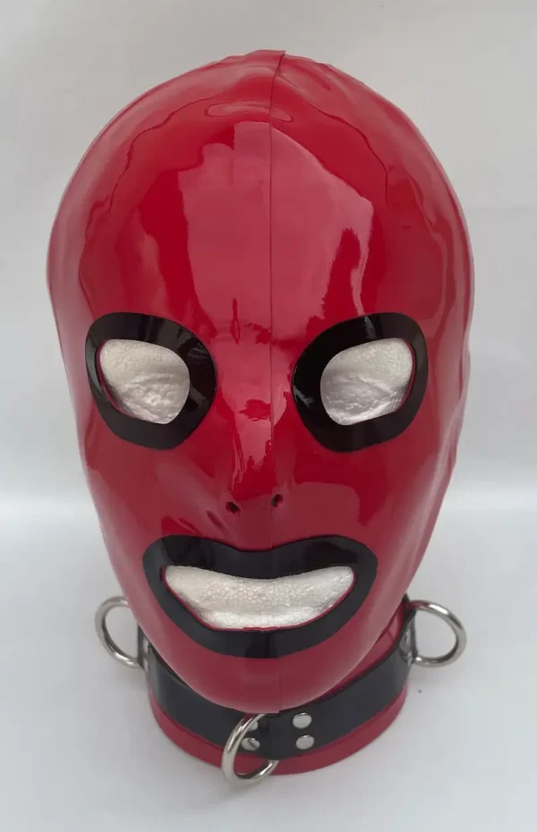 Latex Hood with Black Trim and Open Eyes & Mouth – Red Gimp Mask with D-Ring Collar