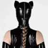 Latex Cat Mask with Open Mouth and Zippered Back – Black Glossy Finish