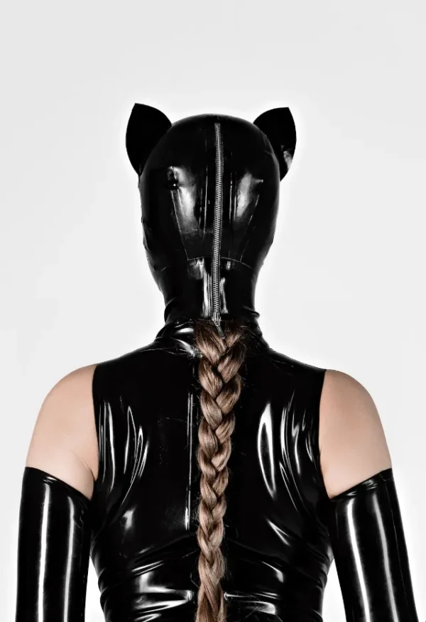 Latex Cat Mask with Open Mouth and Zippered Back – Black Glossy Finish