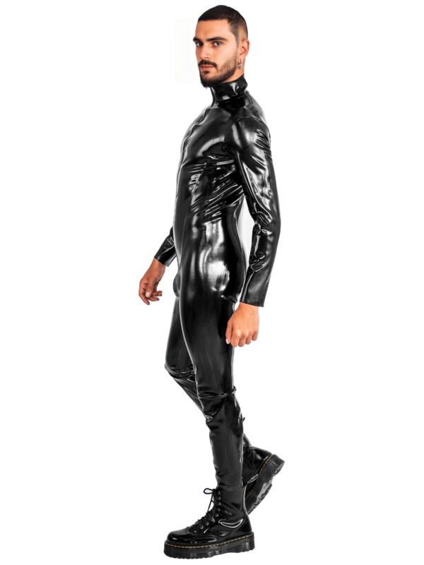 Sleek Paneled Latex Catsuit with High Neck and Full-Length Zip