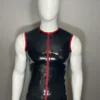 Latex Sleeveless Zip Front Muscle Shirt with Red Trim – Crew Neck Fetish Top