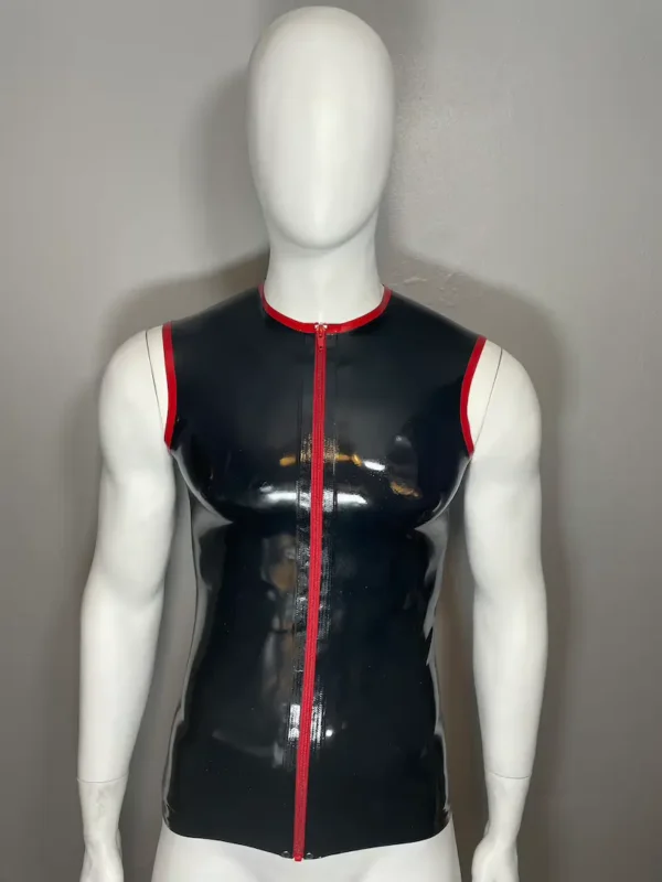 Latex Sleeveless Zip Front Muscle Shirt with Red Trim – Crew Neck Fetish Top
