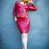 Military-Inspired Plum Latex Jacket with Decorative Buttons and Gold Trim