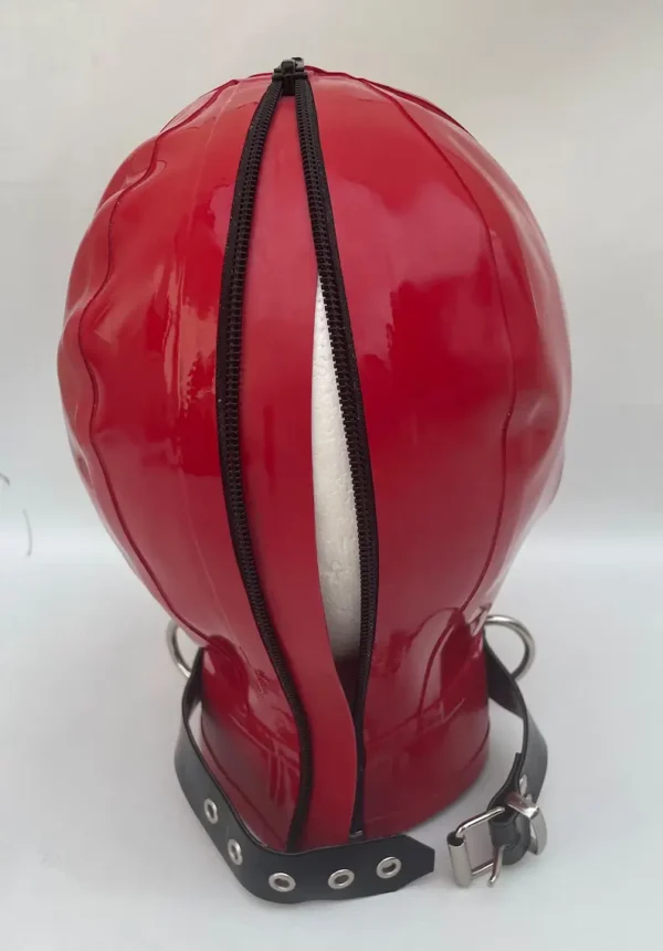 Latex Hood with Black Trim and Open Eyes & Mouth – Red Gimp Mask with D-Ring Collar