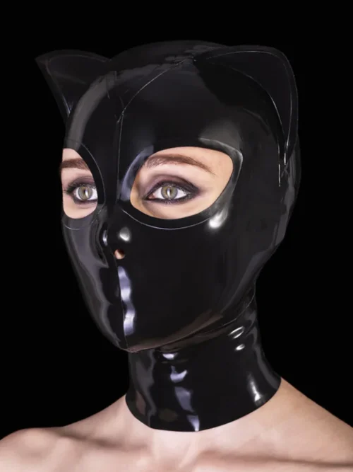 Black Latex Cat Mask with Closed Mouth and Back Zipper