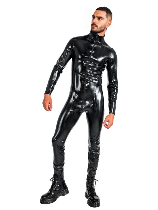 Sleek Paneled Latex Catsuit with High Neck and Full-Length Zip