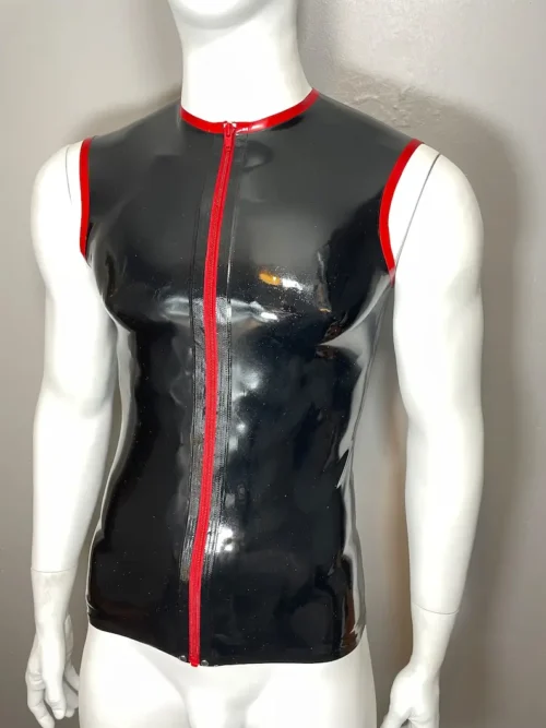 Latex Sleeveless Zip Front Muscle Shirt with Red Trim – Crew Neck Fetish Top