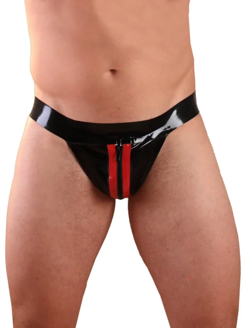 Striped Latex Jockstrap with Front Zip – Black with Red Racing Stripes