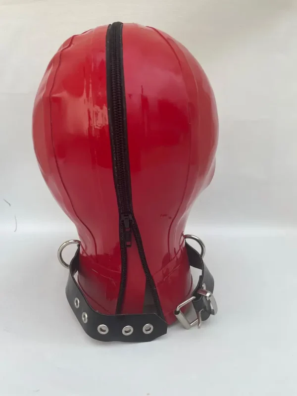 Latex Hood with Black Trim and Open Eyes & Mouth – Red Gimp Mask with D-Ring Collar