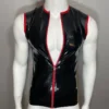 Latex Sleeveless Zip Front Muscle Shirt with Red Trim – Crew Neck Fetish Top