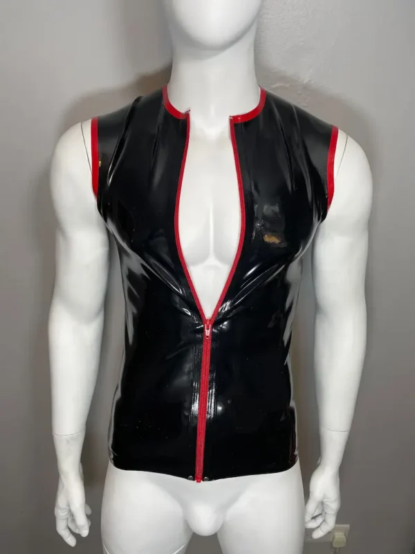 Latex Sleeveless Zip Front Muscle Shirt with Red Trim – Crew Neck Fetish Top