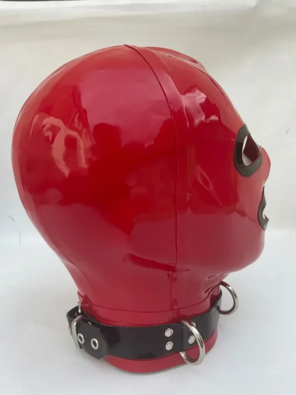 Latex Hood with Black Trim and Open Eyes & Mouth – Red Gimp Mask with D-Ring Collar