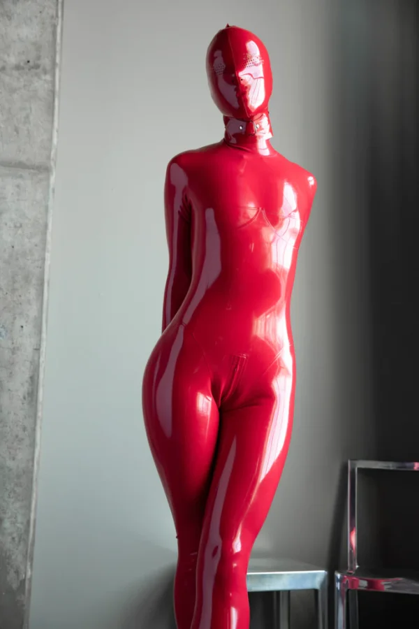 Beehive Full Enclosure Latex Hood – Red Laced Back Mask with Perforated Eye