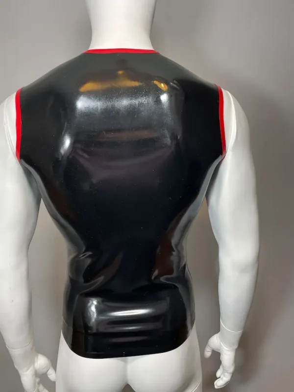 Latex Sleeveless Zip Front Muscle Shirt with Red Trim – Crew Neck Fetish Top