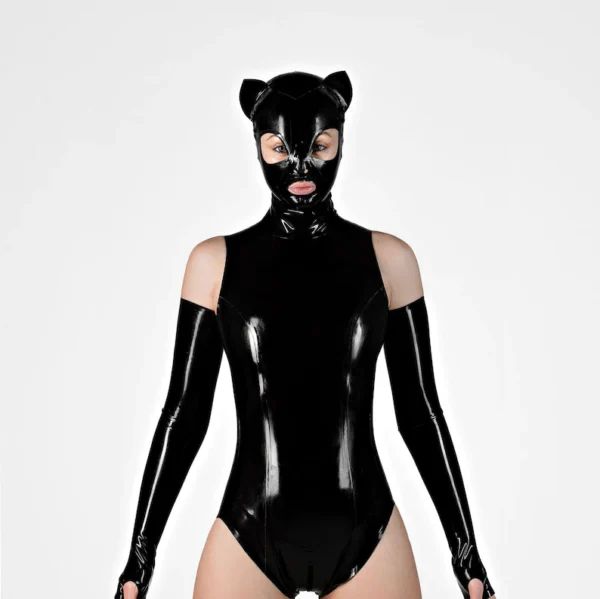 Latex Cat Mask with Open Mouth and Zippered Back – Black Glossy Finish