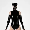 Latex Cat Mask with Open Mouth and Zippered Back – Black Glossy Finish