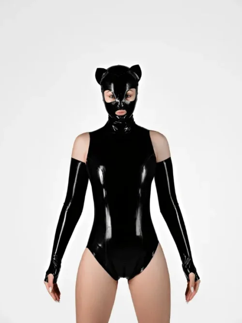 Latex Cat Mask with Open Mouth and Zippered Back – Black Glossy Finish