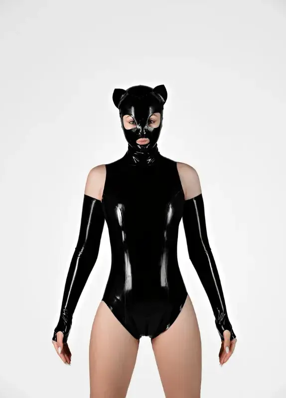Latex Cat Mask with Open Mouth and Zippered Back – Black Glossy Finish