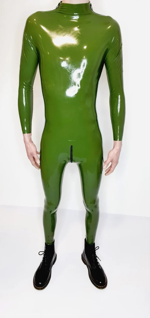 Seluny Green Latex Combination Catsuit for Men – Dual Zipper Entry with Crotch Access