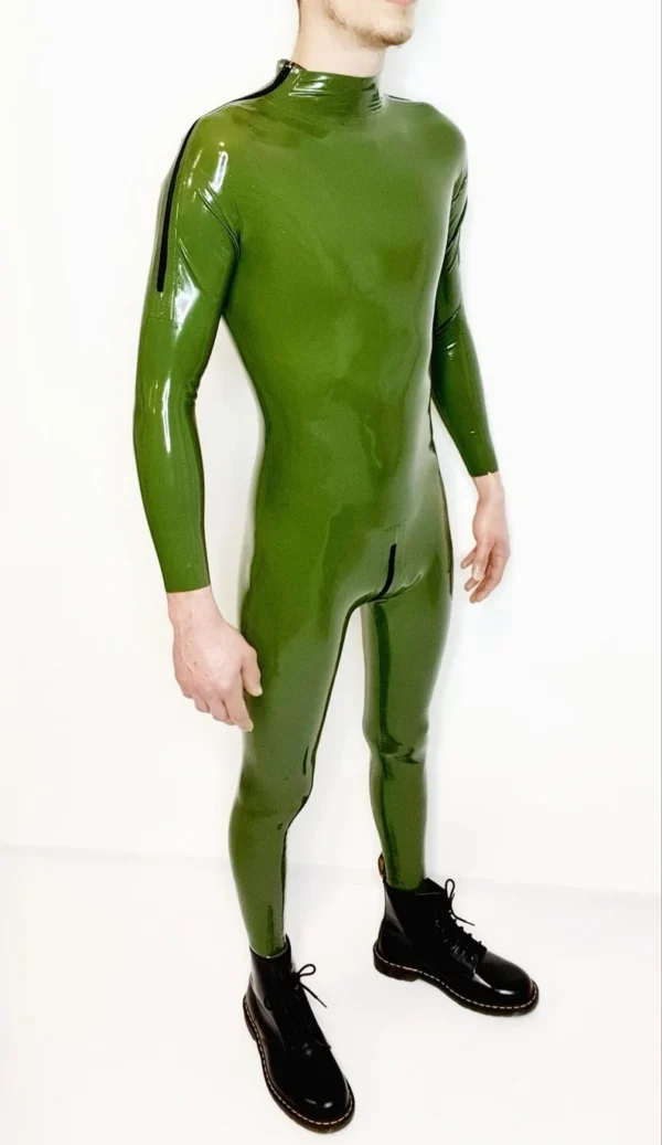Seluny Green Latex Combination Catsuit for Men – Dual Zipper Entry with Crotch Access